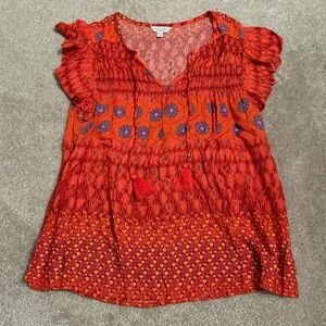 Lucky Brand Floral Tassel-Front Peasant Top